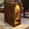 DIY Book Nook Miniature Dollhouse Kit Bookshelf Insert Decor – 3D Wooden Puzzle Booknook with LED Light, Doll House Building Model Kits for Boys Girls Library of Books Nook