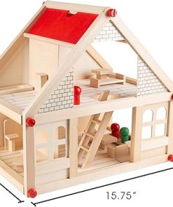 Dollhouse for Kids – Classic Pretend Play 2 Story Wood Playset with Furniture Accessories and Dolls for Toddlers, Boys and Girls by Hey! Play!,Brown 2