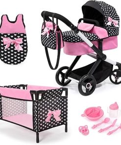 Bayer Design Dolls: Xeo Mega 10 Piece Set – Black, Pink, Hearts – Pram, Bed, Handbag, Feeding & Care Accessories for Dolls Up to 18″, Toy, Kids Age 3+
