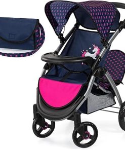 Bayer Design Dolls: Twin Star Stroller – Blue, Hot Pink, Unicorn – Seats 2 Dolls Up to 18″, Shoulder Bag, Foldable Sibling Buggy, Kids Toy, Ages 3+