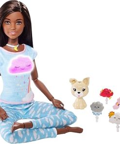 Barbie Breathe with Me Meditation Doll, Blonde, with 5 Lights & Guided Meditation Exercises, Puppy and 4 Emoji Accessories, Gift for Kids 3 to 8 Years Old