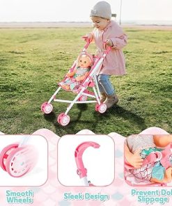 deAO Baby Doll Stroller Crib Bed Nursery Role Play Set Baby Doll Accessories and Play Mat,Travel Cot,Foldable Stroller and Travel Bag Birthday for Girls Boys Kids 2