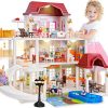 Dollhouse Play House for Dream Girls with Lights & Two Dolls & Furniture Accessories, 11 Room Cottage, Pink, 27.6″ x 27.6″ x 35.8″ 4