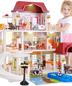 Tacobear Doll House for Girls Toddler Toys with 4 Doll Toy Figure, Pool Slide, Elevator, Furniture, Pretend Play Dream Dollhouse Playset with Lights Gifts for Kids Girls Age 3 4 5 6-12 Year Old