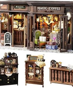 Spilay Dollhouse Miniature with Furniture,DIY Wooden Crafts Magic Doll House Mini Handmade Kit,1:24 Scale Creative Room Idea Gift (Vintage Magic Coffee Shop with Dust Cover)