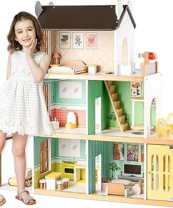 Luxury Wooden Dollhouse with Light-Designed, Modern Dollhouse with 20 Pieces of Furniture and Spiral Staircase, Ideal Gift for for Kids Ages 3+