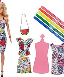 Barbie Crayola Color-in Fashions Doll and Fashions Set, Creative Art Fashion Toy with Doll, Washable Fashions, Scented Markers and Scented Purse, Gift for 5 Year Olds and Up