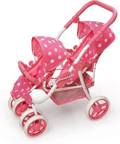 Badger Basket Polka Dot Reversible Double Doll Stroller for 16-Inch Dolls – Pink/Polka Dots with Removable Seats