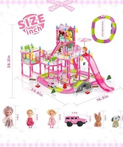 Doll House for Girls with Lights, Doll Girls Houses with Track Car Toys, 3 Dolls, Pets, Car, Furniture and Accessories, Design and Build Gift for 3 4 5 6 7 8+ Year Old Girls 2