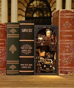 Book Nook Kit, 3D DIY Wooden Puzzle Dollhouse Kit for Adults & Teens, Book Nook Bookshelf Insert Decoration Bookend Miniature Kit with Sensor Light Creative Craft Home Decor, Vintage Car 2