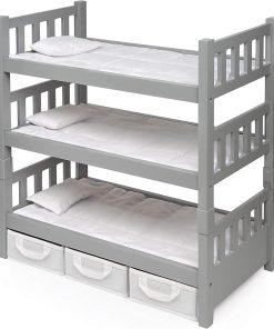 Badger Basket 1-2-3 Convertible Doll Bunk Bed with Bedding and Storage Baskets in Executive Gray – Perfect for 18 to 20-Inch Dolls