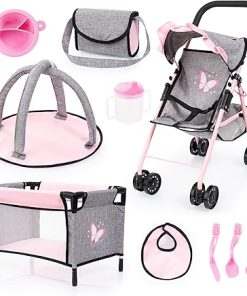 Bayer Design Dolls: Buggy 10 Piece Set – Grey, Pink, Butterfly – Stroller, Play Mat, Bed & Accessories Set for Dolls Up to 18″, Kids Toy, Ages 3+