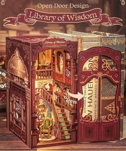 Cutefun Book Nook Kit, DIY Miniature Dollhouse Booknook for Adults, 3D Wooden Puzzle Bookend Bookshelf Insert Decor with LED Light, Gift for Craft Lovers (Library of Wisdom) 2