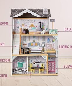 Lil’ Jumbl Kids Wooden Dollhouse, with Elevator, Balcony & Stairs, Accessories & Furniture Included X-Large 3 Story Easy to Assemble Doll House Toy 2