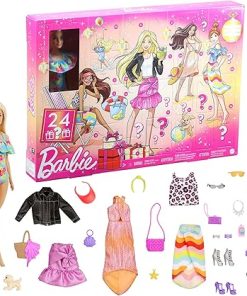 Barbie Advent Calendar with Barbie Doll (12-in), 24 Surprises Including Day-to-Night Trendy Clothing & Accessories, Festive Holiday Themed Packaging for Kids 3 to 7 Years Old