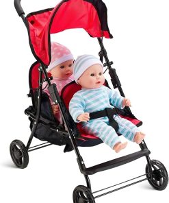 Hushlily® Tandem Double Doll Stroller with Adjustable Canopy & Basket, Foldable, with Smooth Rolling Wheels (Red & Blue)