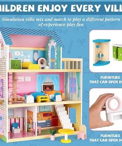 Wooden Dollhouse for Girls Wooden Doll House with Furniture&Accessories, Modern Dollhouse Playset with Wooden Stairs DIY Pretend House Pretend Play Toys Gift for Girl 2