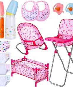 Shappy 13 Pcs Baby Doll Accessories Doll Play Set Include Doll High Chair, Doll Bouncer, Crib, Disappearing Milk and Juice Bottles, Pacifier, Bibs, Diapers for Girls Birthday Gifts