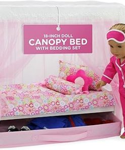 Emily Rose 18″ Doll Canopy Bed with 5-Piece Bedding Set and Doll Clothes Clothing Storage Drawer – 18-inch Doll Bedroom Furniture & Accessories | USA Business | Ideal Bed for 14″-19″ Dolls