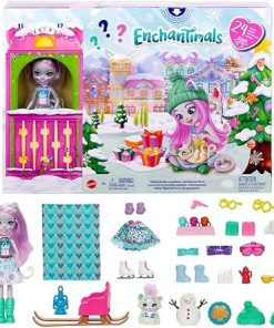 Holiday Wonders Countdown Advent Calendar with Sybill Snow Leopard Small Doll, Animal Figure & 24 Surprise Accessories