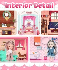 Dolls Huge House for Girls, 6-Story Dream Dolls Girls Houses with 4 Dolls Toy Figures, Furniture and Accessories, LED Light, Pink Play Toy House Gifts for Little Girls Ages 3 4 5 6 7 8 9 10+ 2