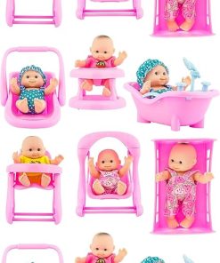 PowerTR 6 Sets of Mini Baby Dolls Collection with High Chair, Cradle, Walker, Swing, Bathtub and Baby Seat for Kids (2 Packs)