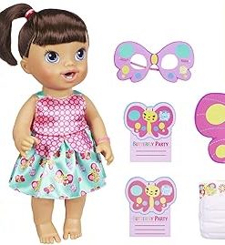 Baby Alive Butterfly Party: Brown Hair Doll with 12 Accessories That Drinks & Wets, Great Doll for 3-Year-Old Girls & Boys & Up