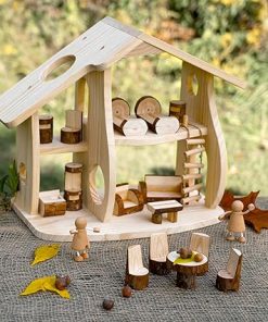 Guidecraft Woodlands Natural Wooden Multi-Floor Dollhouse Set with Furniture – Kids Educational Toy Play House 2