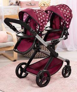 Bayer Design 26723AA Twin dolls pram, carriage, adjustable handle, foldable, bag, bordeaux, pink, stars 2