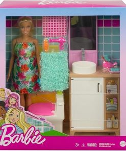 Barbie Doll and Bathroom Furniture Playset with Barbie Doll (11.5-inch Blonde), Toilet, Vanity and Accessories, Gift for 3 to 7 Year Olds 2