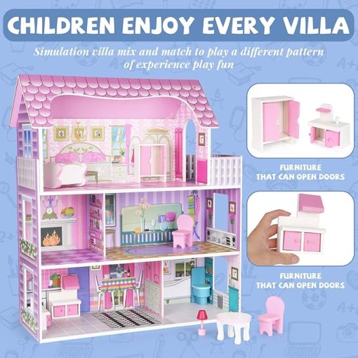 Wooden Dollhouse for Girls, 3-Story Doll House Playset with Furniture & Accessories, Large DIY Wooden Pink House for Kids, Pretend Play Dollhouse Kit, for Toddlers & Girls - Image 2