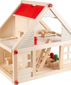 Dollhouse for Kids – Classic Pretend Play 2 Story Wood Playset with Furniture Accessories and Dolls for Toddlers, Boys and Girls by Hey! Play!,Brown