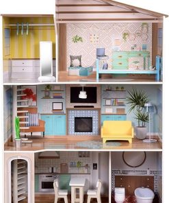 Olivia’s Little World Dreamland Mediterranean 3-Story Wooden Dollhouse with Skylight and 17-pc Accessory Set for 12″ Dolls, Pink/Brown