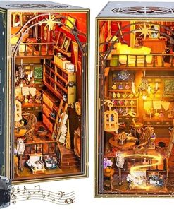 DIY Book Nook Kit, SMILESSKIDDO 3D Wooden Puzzles Magic House with Gear Drive and LED Lights, Miniature Dollhouse Bookshelf Insert Model Kits for Adults and Teens