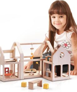 PlanToys Slide and Go Dollhouse – Chemical-Free Wooden Toy Featuring 3 Units with 20 Furniture Pieces