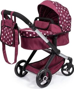 Bayer Design Dolls: Pram Xeo – Burgundy, White Stars, Unicorn – Dolls Up to 18″, Shoulder Bag, Convertible to Pushchair, Foldable, Kids Toy, Ages 3+