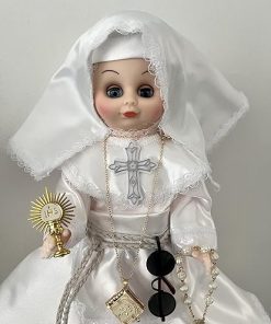 Monja 13″ Religious Doll with White Dress, Cross Emblem, Gold Book Charm and Pearl Necklace Accessories