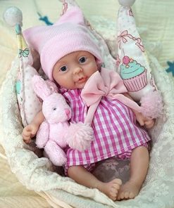 7″ Reborn Baby Doll Full Body Silicone Girl Pink Mini Realistic Eyes Open Baby Miniature Lifelike Newborn Doll Looking Real with Feeding Toy Accessories for Kids Age 3 + 2