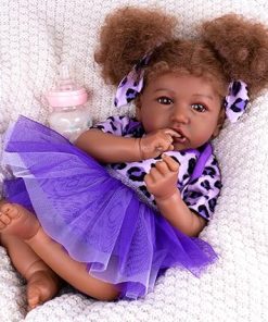 Aori Realistic Black American Reborn Baby Doll – 20 Inch Lifelike Biracial Girl Toddler With Purple Clothes Accessories Set for Girls Age 3