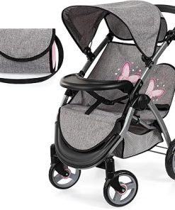 Bayer Design Dolls: Twin Star Stroller – Grey, Pink, Butterfly – Seats 2 Dolls Up to 18″, Shoulder Bag, Foldable Sibling Buggy, Kids Toy, Ages 3+