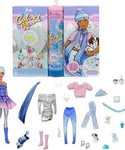 Barbie Color Reveal Advent Calendar, 25 Surprises Include Color Reveal Doll, 1 Color Reveal Pet, Clothes, Accessories & Kid-Sized Bracelet with 2 Charms, Gift for Kids 3 Years Old & Up