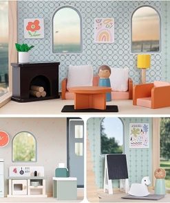PairPear Wooden Dollhouse Furniture Set,56 Pieces Doll Furnitures with 5 Room Kits Play Fingers,Doll House Miniature Furniture Pretend Play Toys Gift for Toddler Boys and Girls 3Y+ 2