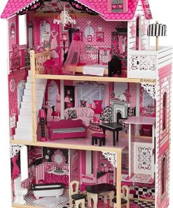 KidKraft Amelia Wooden Dollhouse with Elevator, Balcony and 15-Piece Accessories, Pink, Gift for Ages 3+