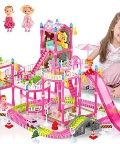 Doll House for Girls with Lights, Doll Girls Houses with Track Car Toys, 3 Dolls, Pets, Car, Furniture and Accessories, Design and Build Gift for 3 4 5 6 7 8+ Year Old Girls