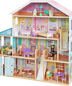 KidKraft Grand View Mansion Wooden Dollhouse with EZ Kraft Assembly™, Elevator, Garage, Attic Nursery and 34 Accessories, Gift for Ages 3+