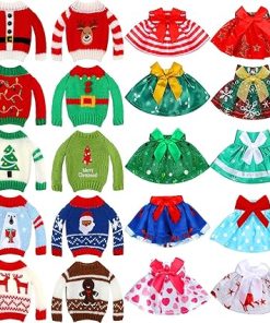 Hercicy 20 Pcs Christmas Doll Clothes Christmas Doll Accessories Outfit Dress Sweater Skirts Knitted Clothing with Santa Xmas Tree Elk Snowman Print for Doll Holiday Xmas Gift, Doll Not Included