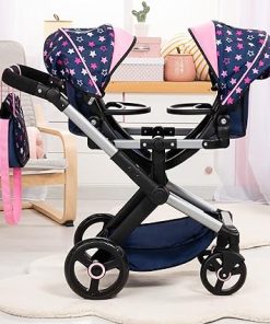 Bayer Design Dolls: Xeo Twin Pram: Stars Navy & Pink – Matching Handbag, Adjustable Handle, Dolls Up to 20″, Ages 3+ 2