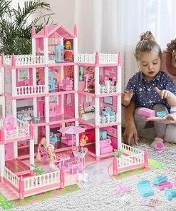 Dream Doll House, Doll House for Girls, 4 Story 11 Rooms Dollhouse with 4 Dolls, Dollhouse Furniture Accessories with Light, Toddler Playhouse Gift for 3 4 5 6 7 8 9 10 Year Old Girls Toys, Pink 2
