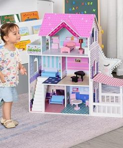 Qaba Kids Wooden Dollhouse Playset 3-Story Dream House Villa Kit with Sun Room, Balcony and 13 Accessories for Ages 3+ 2