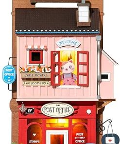 Hands Craft DIY Miniature Wall Hanging Kit – Love Post Office 3D Model Wooden House Building Display Decor Room with Key Hanger and LED Lights Dollhouse Puzzle for Teens and Adults DS021